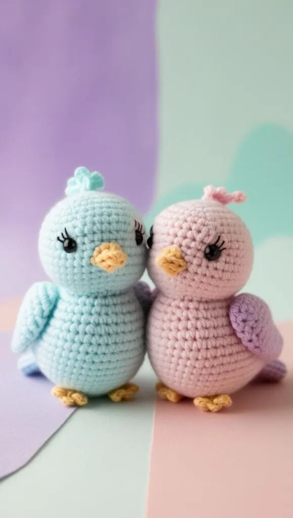 two cute amigurumi lovebirds sitting beside eachother.