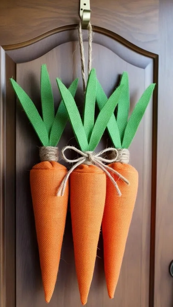 Spruce up your front door for the season with a festive carrot-shaped door hanger made from orange burlap or foam! Complete the look with a charming twine bow for a rustic touch.