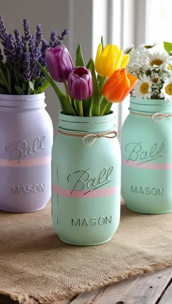 Transform your home decor this spring with adorable pastel-painted mason jars adorned with fresh flowers! Ideal for a whimsical touch in any room.