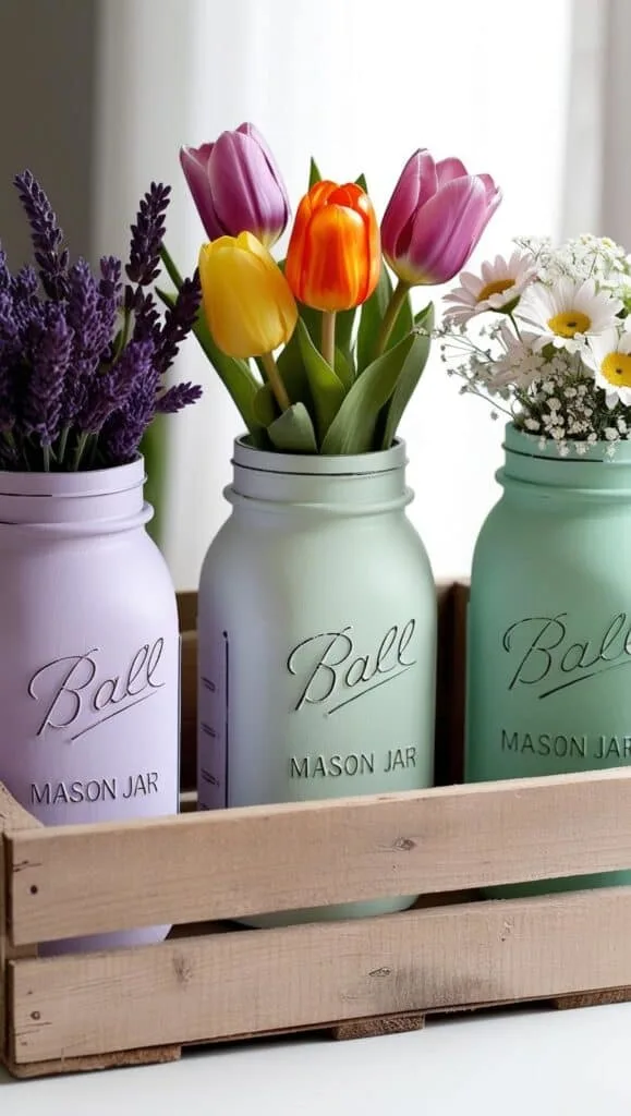 Brighten up your spring decor with these delightful pastel-painted mason jars! Perfect for holding cheerful flowers and adding a pop of color to any space.