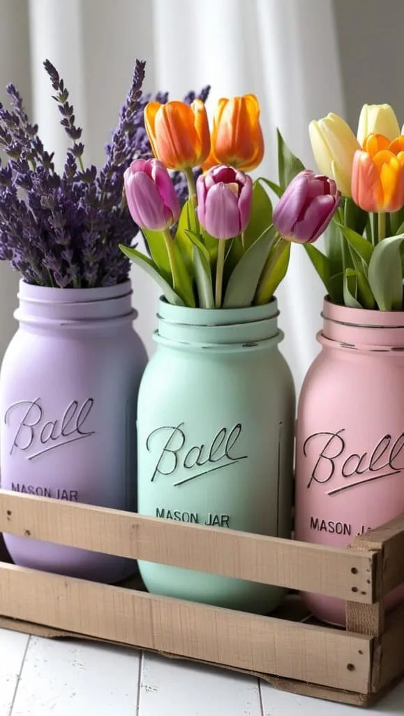 Embrace the beauty of spring with these charming mason jars, beautifully painted in pastel hues and filled with vibrant flowers. A perfect DIY project for your home.