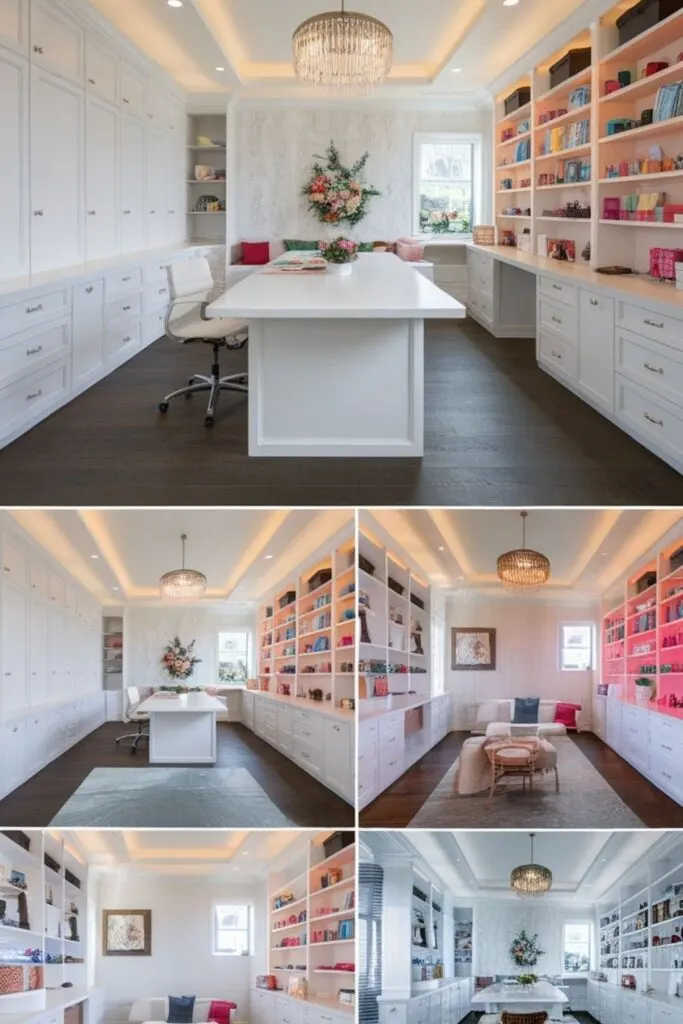  A collage of beautifully organized craft rooms featuring white cabinetry, open shelving, and elegant lighting. The central image showcases a spacious craft room with a large white island workstation, built-in storage, and a decorative floral arrangement on the wall. The text overlay reads "10 Pretty Dream Craft Rooms" in bold black font on a soft peach-colored background.