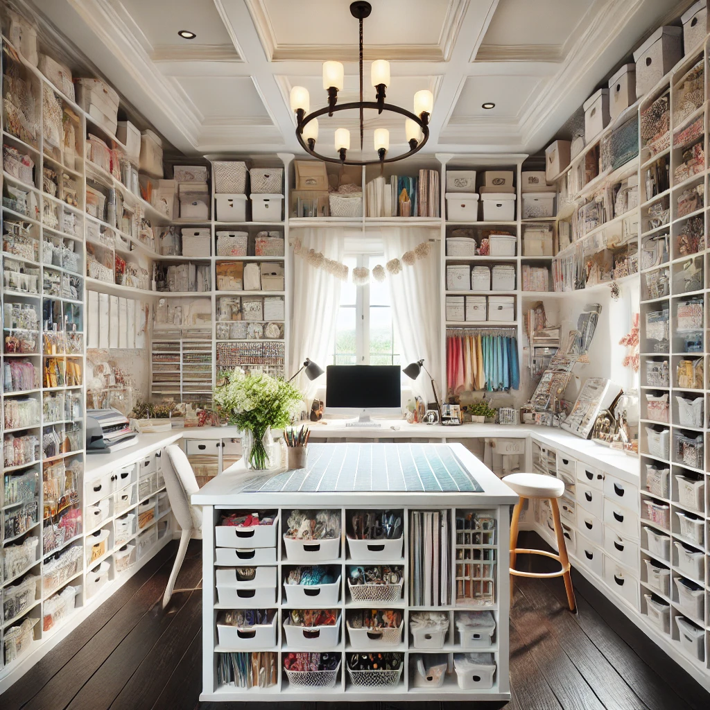 A large, white island table with multiple drawers and open storage for ribbons, tools, and materials.