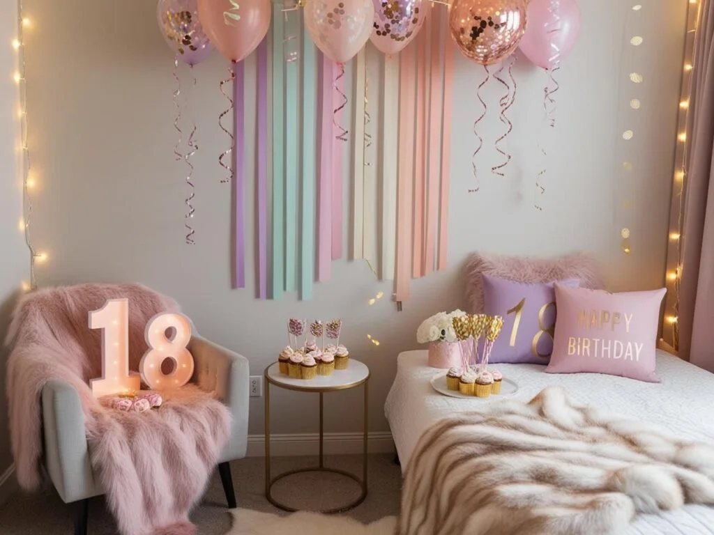 Looking for cozy and cute 18th birthday party themes? This pastel room setup features light-up &ldquo;18&rdquo; marquee numbers, confetti balloons, pink and gold cupcake toppers, and soft faux fur textures for the ultimate birthday aesthetic. Perfect for celebrating at home with style and comfort.