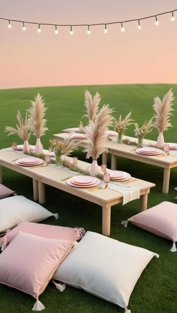 A boho-chic 18th birthday celebration idea with low picnic tables, pink and cream cushions, and pampas grass centerpieces. Set against a sunset sky, this setup is perfect for outdoor celebrations with friends.