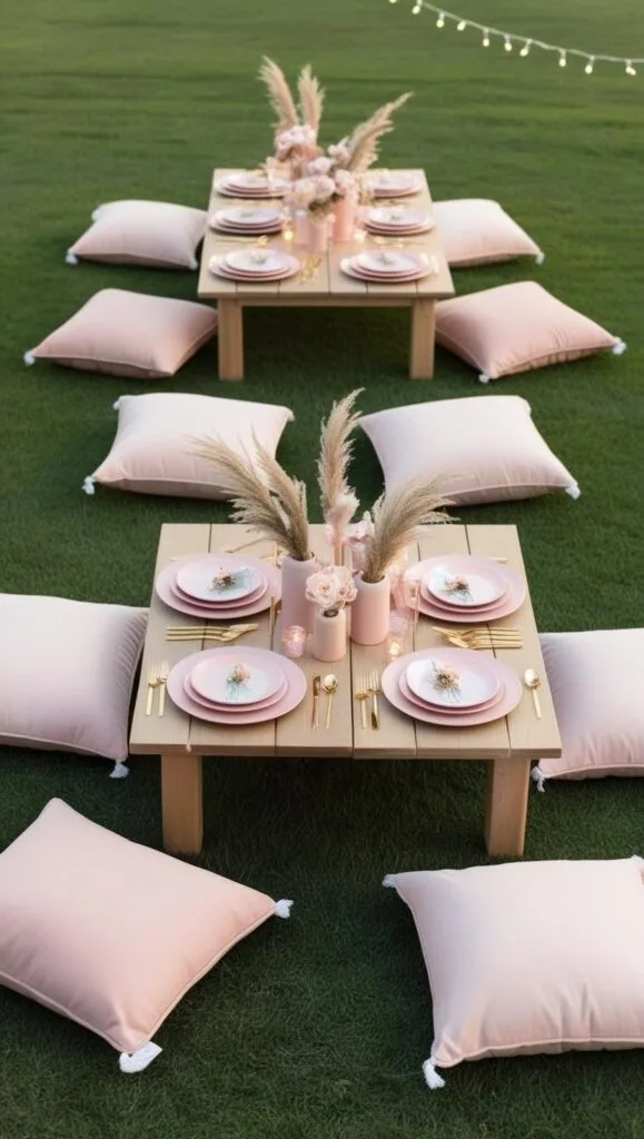 Host the dreamiest boho 18th birthday picnic with blush pink pillows, low tables, and pampas grass centerpieces. This outdoor party setup is perfect for golden hour and creates the ultimate aesthetic celebration.