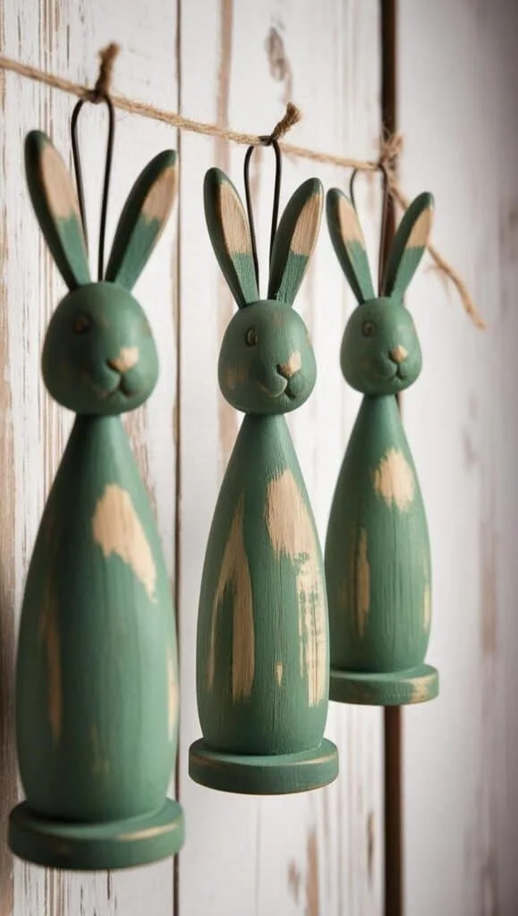 These rustic wooden bunny pegs are a must-have for your farmhouse Easter decor. Painted in a distressed green finish with hand-drawn bunny faces, they add a playful, handcrafted touch to your spring decorating. Hang them on a garland or use them as charming ornaments.