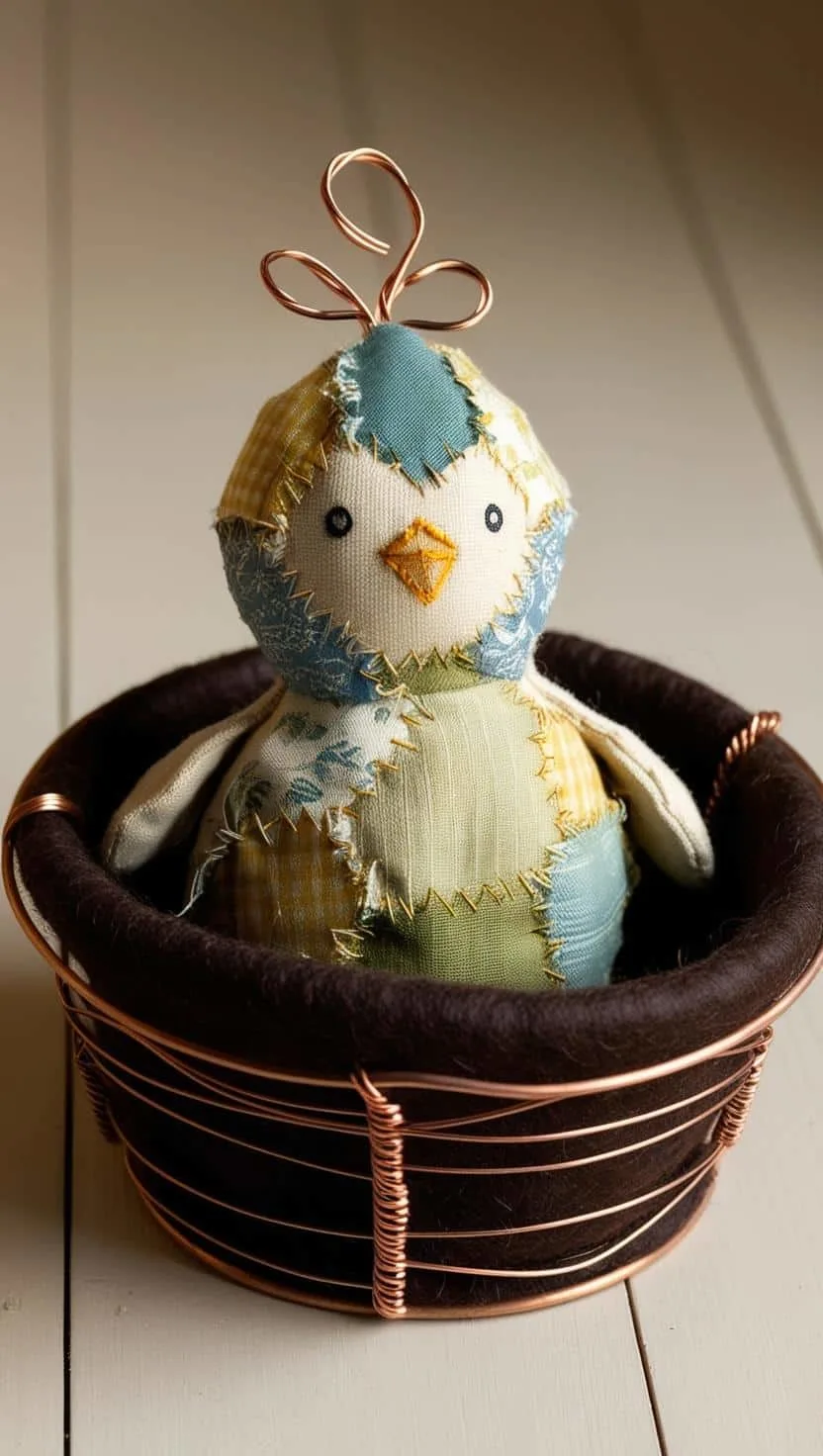 Add a touch of nostalgia to your spring decor with this vintage-inspired fabric chick. Crafted from a mix of floral and plaid fabrics, this sweet little bird makes a heartwarming addition to any farmhouse-style Easter setup. Perfect for collectors and handmade gift lovers.