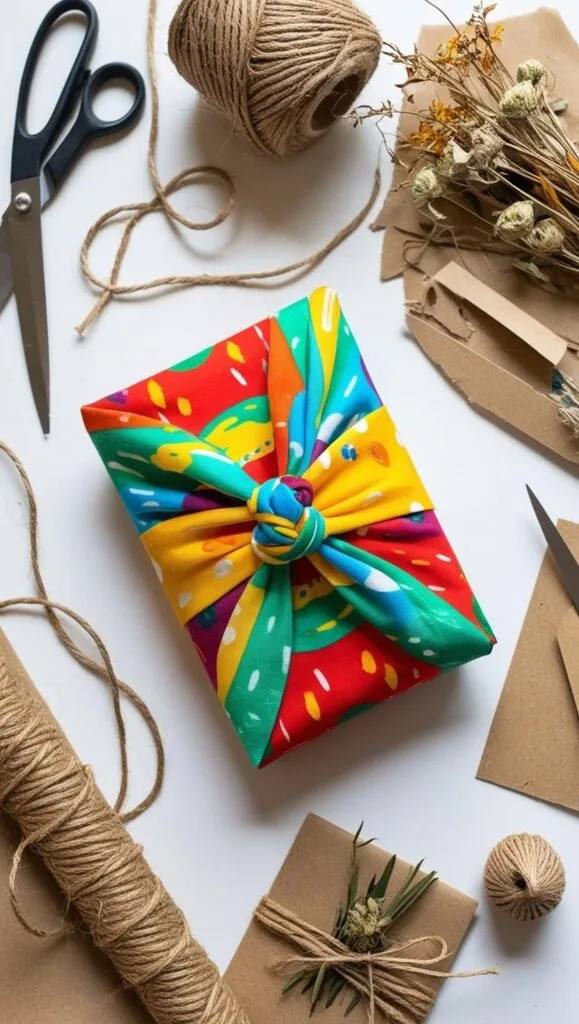 Skip the paper and use colorful t-shirt fabric to wrap your gifts. This creative, zero-waste wrapping idea is sustainable, unique, and totally gift-worthy.