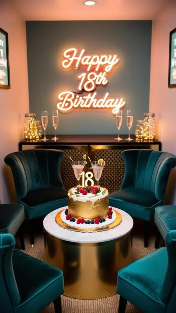 Celebrate in style with this luxe 18th birthday lounge setup featuring velvet chairs, a gold and white cake, and a glowing custom "Happy 18th Birthday" neon sign. This aesthetic party corner is perfect for an unforgettable celebration and makes the ultimate photo backdrop. A must-see idea for anyone planning a chic and cozy sweet 18.

Elegant 18th birthday party lounge with velvet chairs, a gold-accented cake, and a glowing neon &ldquo;Happy 18th Birthday&rdquo; sign, styled for an intimate celebration.