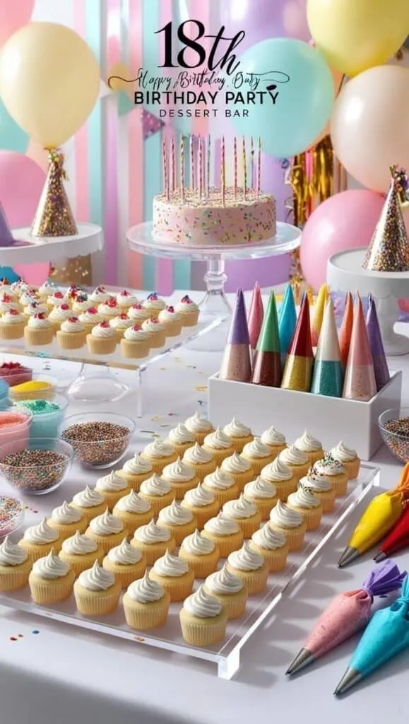 Set up a DIY mini cakes dessert bar for your 18th birthday and let guests decorate their own cupcakes. With piping bags, sprinkles, and frosting galore, this idea is both fun and photogenic for an unforgettable sweet birthday treat.
