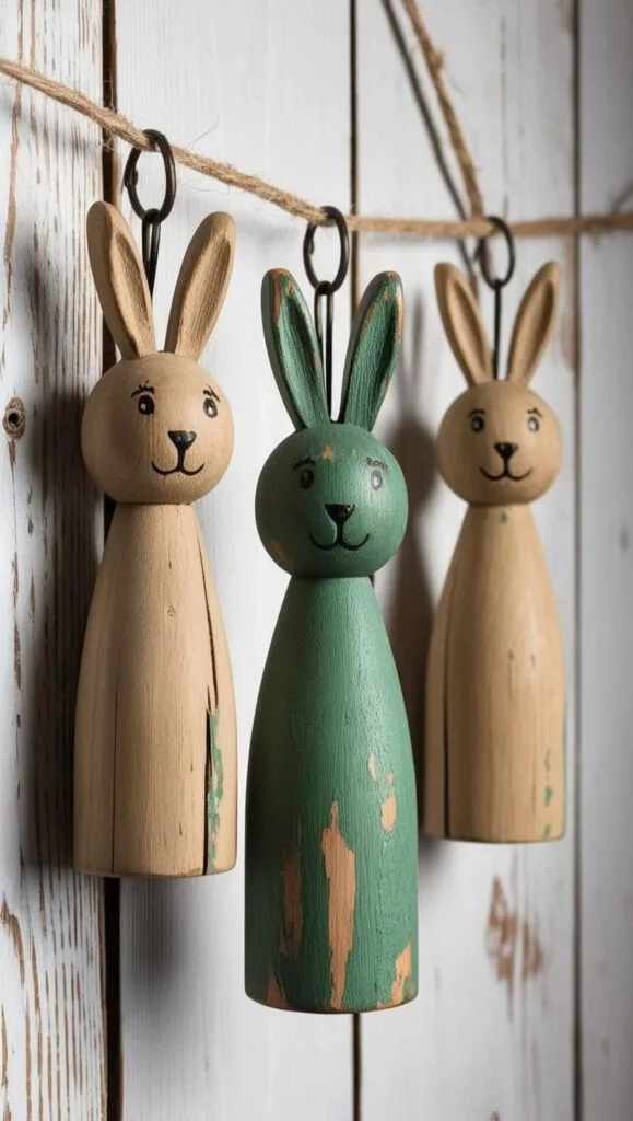 These rustic wooden bunny pegs add a charming farmhouse touch to your Easter decor. Featuring hand-painted faces and a distressed finish in natural wood and green tones, they&rsquo;re perfect for hanging on a garland, decorating a spring-themed shelf, or gifting to someone who loves handmade seasonal decor. Ideal for a cozy, country-style home.
