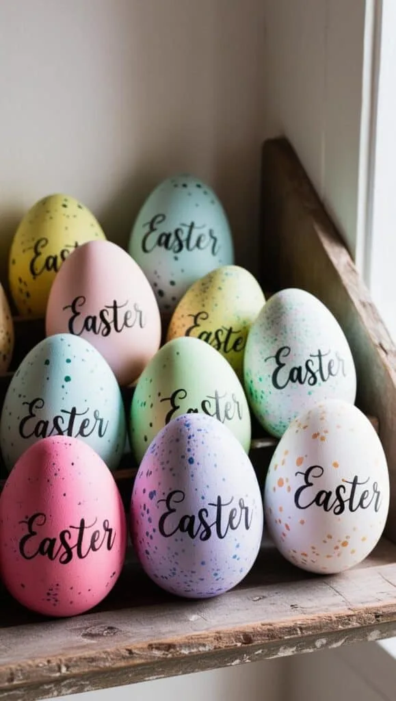 Celebrate Easter with these beautifully crafted eggs, featuring a mix of soft colors, speckled patterns, and hand-lettered script. Ideal for DIY home decor, these eggs add a playful yet elegant touch to any Easter setting. Perfect for baskets, table decor, or a charming spring display.