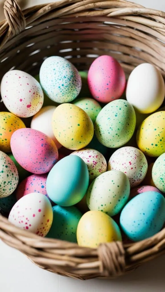 These farmhouse-style painted eggs add a touch of country charm to your spring decor. Hand-painted in pastel shades with a speckled finish, they are perfect for creating an elegant yet simple Easter arrangement. Display them in a wooden tray or nestled in a wreath for a cozy seasonal touch.