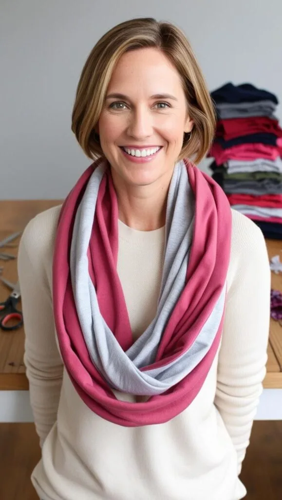 Transform your old tees into a trendy no-sew infinity scarf. This soft, layered accessory is great for gifting or styling up your fall and winter wardrobe.
