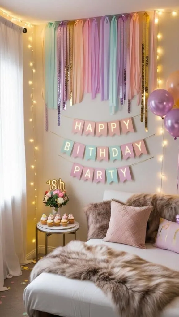 Capture all the glam with this stunning 18th birthday photoshoot backdrop. Featuring gold fringe curtains, a balloon arch, a pink neon &ldquo;Eighteen&rdquo; sign, and photo props like sunglasses and crowns, this setup is a must for party pics.