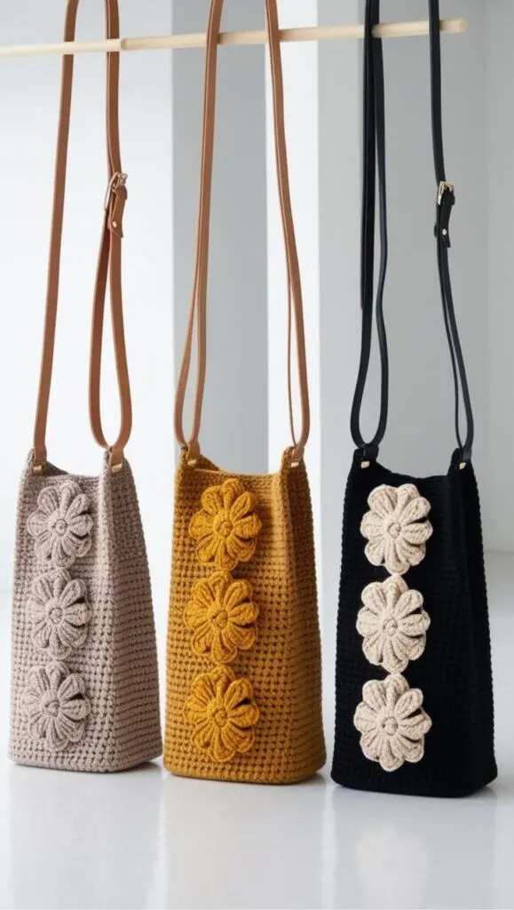 These stylish crochet sling bags are the perfect mix of minimalist and boho design. Featuring a sleek shape, floral applique details, and a chic leather strap, they make a great everyday accessory. Whether you love neutral tones, warm mustard hues, or classic black, this handmade crochet crossbody bag is a must-have. Perfect for casual outfits, travel, or as a thoughtful handmade gift. Save this for your next crochet bag project and create your own unique piece.