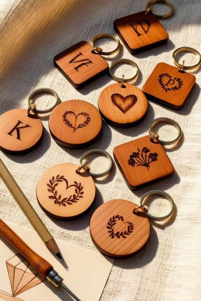 Looking for beginner wood burning ideas you can gift or sell? These rustic wooden keychains are personalized with initials, hearts, and floral pyrography designs—perfect for craft fairs or handmade gifts. Try this easy project and make it your own.