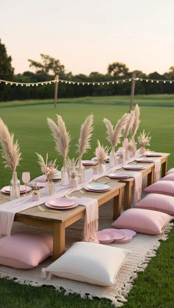 Plan an elegant 18th birthday picnic with soft pastel decor, layered table settings, and vases filled with dried florals. With string lights overhead, this celebration feels both magical and stylish.