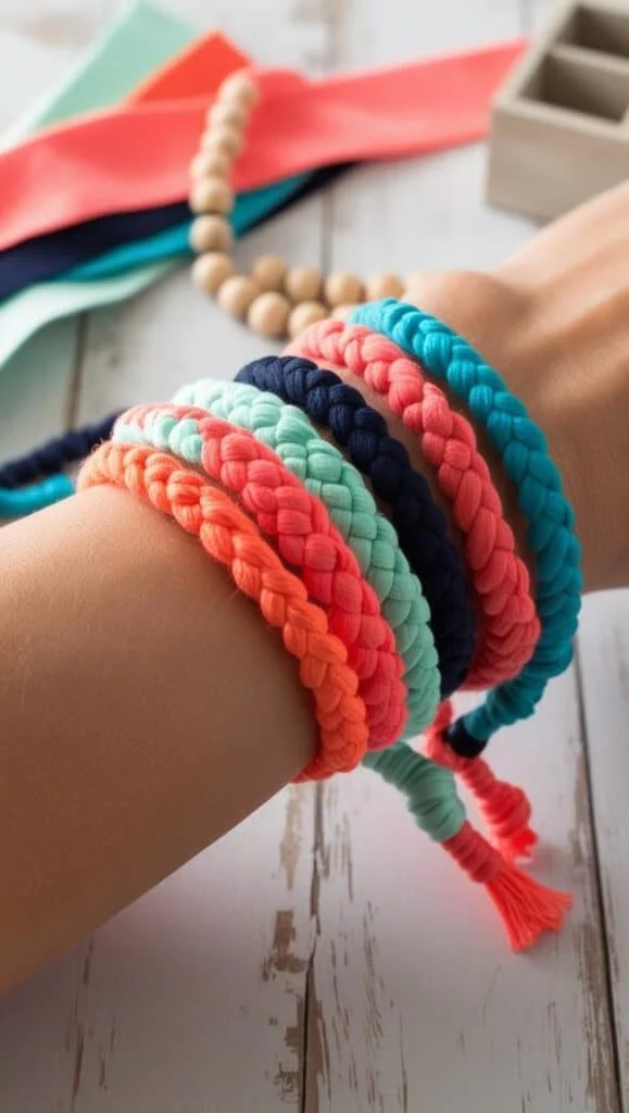 Braid colorful strips of old t-shirts into vibrant bracelets. This easy upcycling craft is perfect for kids, party favors, or adding a pop of color to your outfit.