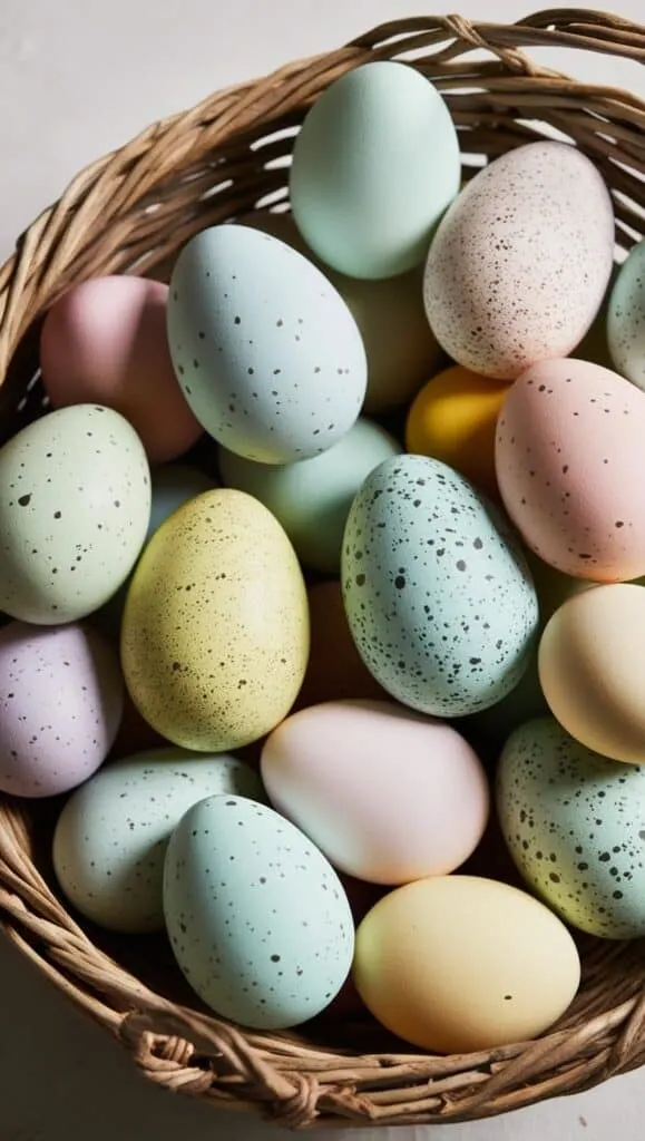 Create a warm and inviting Easter display with these rustic painted eggs. Featuring soft, neutral shades with a natural speckled design, they are perfect for farmhouse-style decor. Arrange them in a wicker basket or scatter them along a table runner for a beautifully understated holiday look.