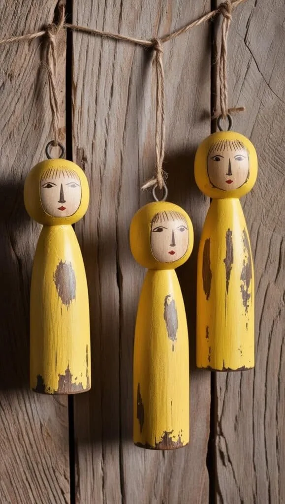 These handcrafted wooden figurines bring a cozy, rustic feel to your Easter decor. Featuring a distressed yellow finish and minimalist hand-painted faces, they exude vintage charm. Hang them on a wooden backdrop or add them to your spring vignette for a warm, nostalgic touch.