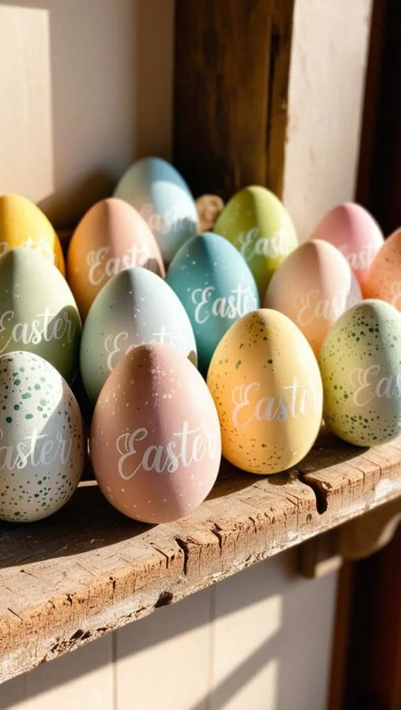 These beautifully painted Easter eggs bring a fresh and festive touch to your spring decor. Featuring soft pastel hues, delicate speckles, and elegant script, they make a charming addition to any farmhouse or rustic Easter setup. Display them in a basket, on a shelf, or as part of a centerpiece.