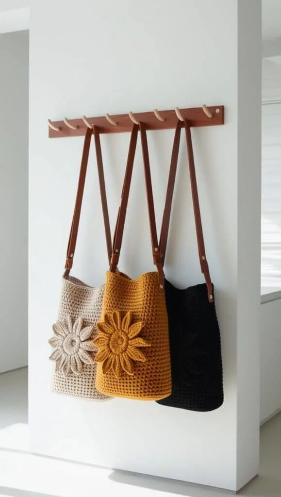 These fashionable crochet sling bags combine minimalist and boho design elements seamlessly. With their elegant shape, floral applique accents, and stylish leather strap, they serve as an ideal everyday accessory. Available in neutral tones, warm mustard shades, or timeless black, this handcrafted crochet crossbody bag is a true essential. It's perfect for casual looks, travel, or as a meaningful handmade gift. Keep this in mind for your next crochet project and craft your own distinctive creation.