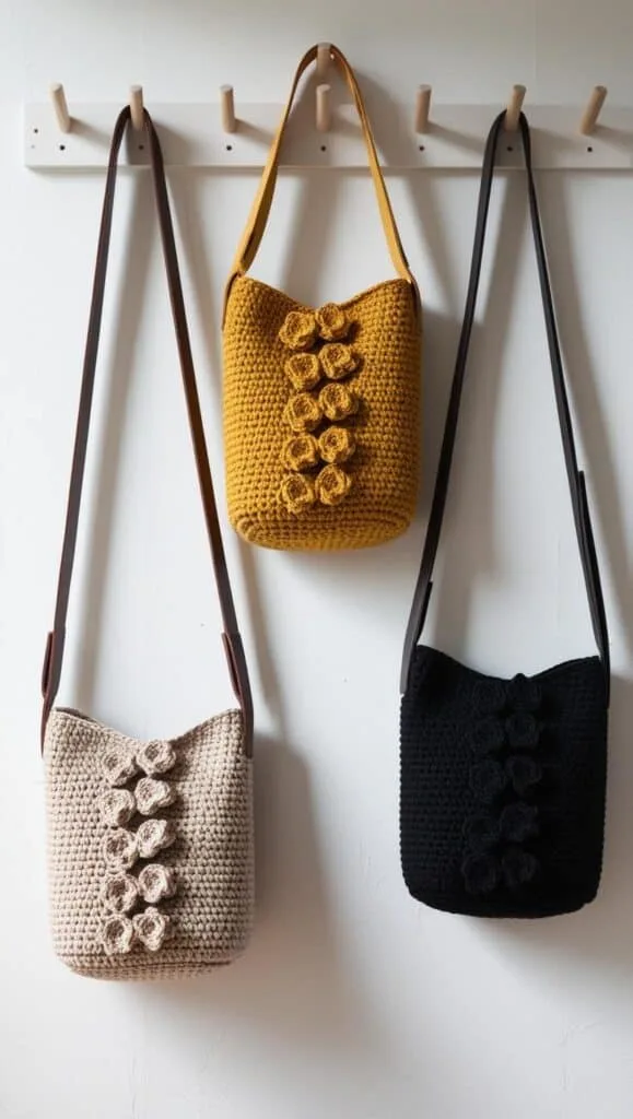 These trendy crochet sling bags mix minimalist and boho styles perfectly. With their chic shape, cute floral appliques, and stylish leather strap, they’re great for everyday use. You can find them in neutral colors, warm mustard, or classic black. This handcrafted crochet crossbody bag is a must-have! It’s ideal for casual outfits, travel, or as a thoughtful handmade gift. Keep this in mind for your next crochet project and make your own unique creation!