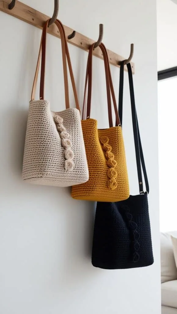 These fashionable crochet sling bags beautifully combine minimalist and boho styles. Featuring a chic shape, lovely floral appliques, and a stylish leather strap, they are perfect for everyday use. Available in neutral tones, warm mustard, and classic black, this handcrafted crochet crossbody bag is an essential accessory! It’s perfect for casual outfits, travel, or as a lovely handmade gift. Consider this for your next crochet project and craft your own unique version!