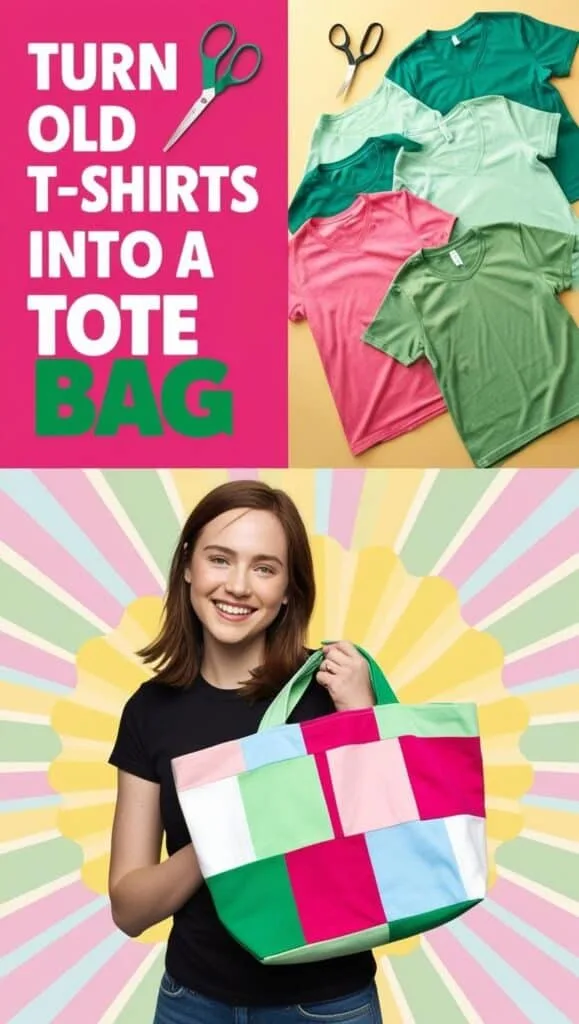 Looking for a creative way to repurpose old clothes? This DIY shows you how to transform your worn t-shirts into a fun, patchwork-style tote bag. A great beginner sewing project and a thoughtful handmade gift idea. A young girl holding an upcylced t-shirt tote bag with overlay text that reads turn old t-shirts into tote bags.