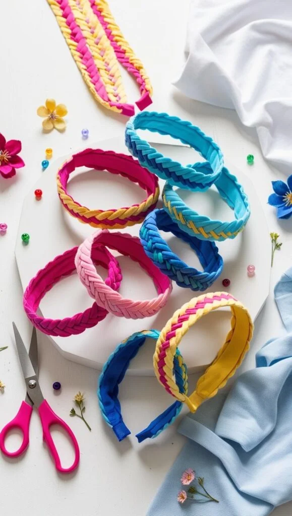 Make your own braided t-shirt headbands in fun colors. These no-sew accessories are quick to craft and a great way to reuse fabric scraps.