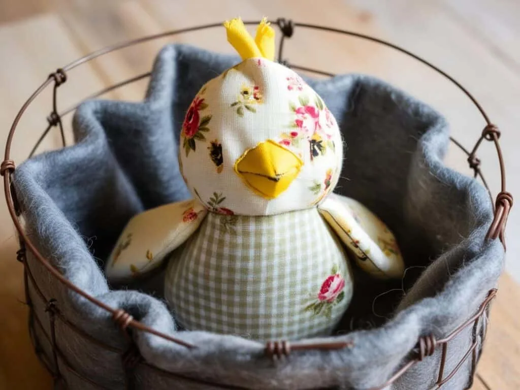 This vintage fabric chick is the perfect touch for a cozy, farmhouse-style Easter display. Handmade from floral and gingham fabric, it brings warmth and charm to your holiday decor. Nestled in a rustic wire basket with soft wool lining, this adorable chick makes a beautiful centerpiece or a thoughtful handmade gift. A must-have for lovers of primitive and country-style crafts.