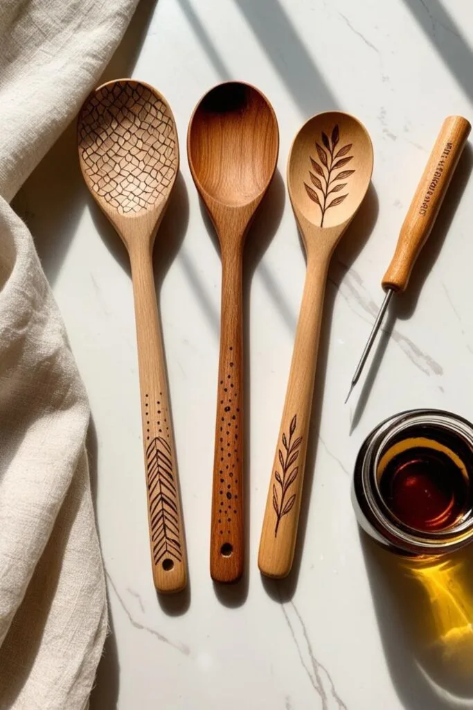 Add handmade charm to your kitchen with these wood burned spoons! Use botanical or geometric pyrography patterns to decorate the handles. They're food-safe, easy to make, and perfect as gifts or craft booth sellers.