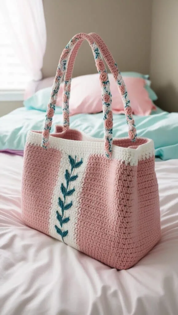 This crochet tote bag features beautiful floral accents along the straps, giving it a unique and stylish touch. Perfect for carrying your essentials while adding a handmade charm to your outfit. A great project for anyone who loves making their own accessories.