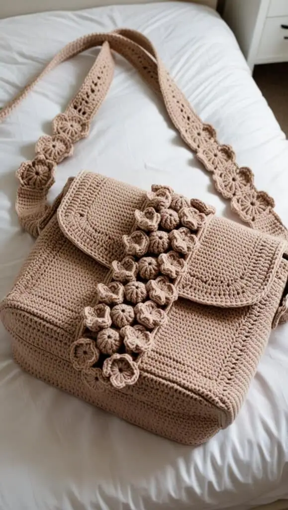 A stunning crochet shoulder bag featuring intricate floral details along the strap and front panel. Designed with functionality and style in mind, this handmade bag is perfect for casual outings or as a thoughtful gift for crochet lovers.