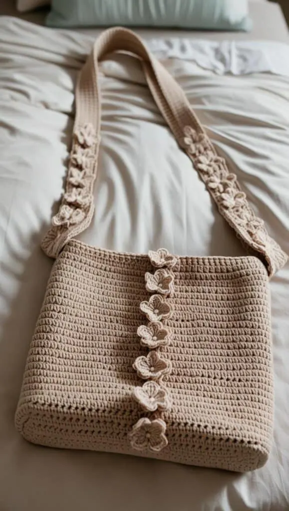 This beautifully handcrafted crochet shoulder bag in neutral beige is perfect for everyday wear. The elegant floral details on the strap and front add a soft, feminine touch. A versatile piece that pairs effortlessly with any outfit, making it an ideal handmade accessory or gift idea