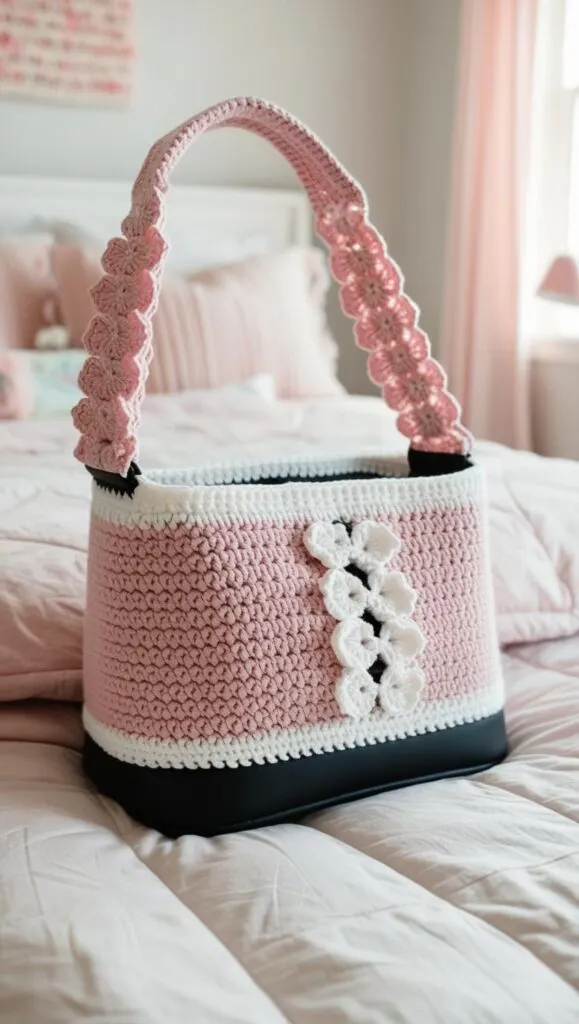 This pastel pink and white crochet shoulder bag is the perfect blend of charm and elegance. The delicate flower appliques and soft colors make it a great statement piece for spring and summer. A must-have for lovers of handcrafted fashion.
