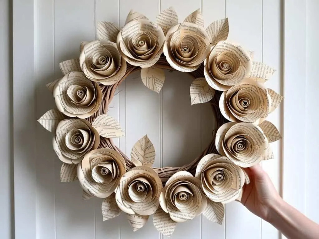Create a stunning book page wreath with this easy DIY project. Made from rolled paper roses crafted from vintage book pages, this handmade wreath is perfect for rustic home decor, literary lovers, or unique wedding decorations. A timeless and elegant craft that adds charm to any space.