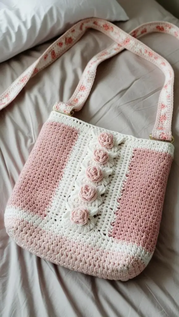 A lovely pink and white crochet crossbody bag with a beautiful flower design. This handmade bag is perfect for those who love vintage-inspired crochet pieces with a modern twist. Ideal for a weekend outing or as a special handmade gift.