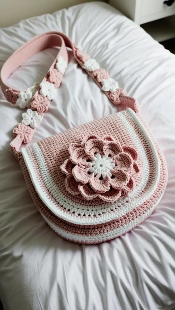 This simple yet stylish crochet shoulder bag is elevated with delicate embroidered details and floral straps. A great mix of functionality and handmade beauty, this bag is perfect for everyday wear and a great beginner-friendly project for crochet enthusiasts.