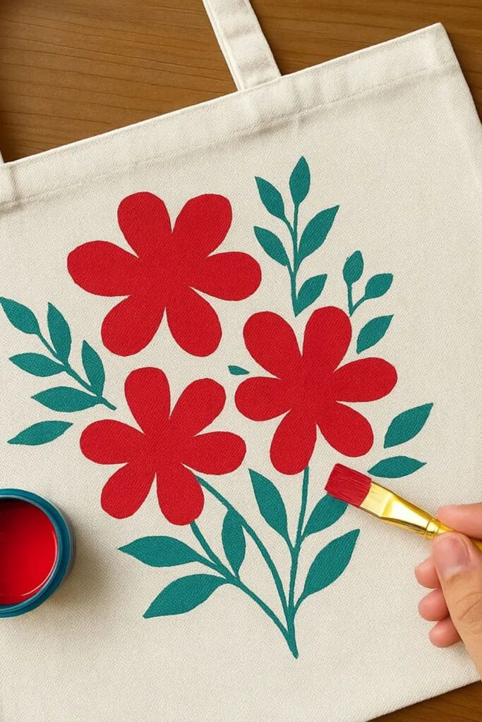Bring your painted tote bag to life by adding bold green leaves! This step adds dimension and contrast to your floral design. Follow this easy tote bag painting idea to create a fresh and vibrant accessory that's perfect for markets, gifts, or everyday use.