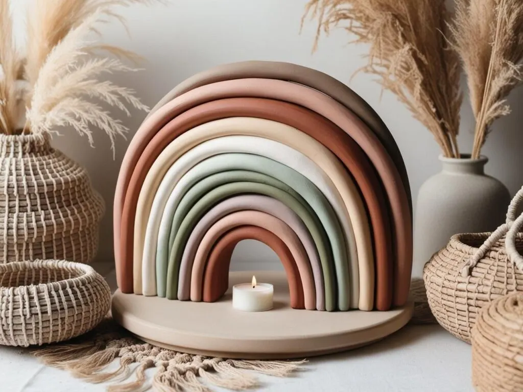 This handmade rainbow-shaped candle holder is crafted from air dry clay in soft boho tones. It's a cozy and stylish way to display a tealight while adding a touch of warmth to your shelf or table. A beautiful clay project for modern bohemian decor lovers.