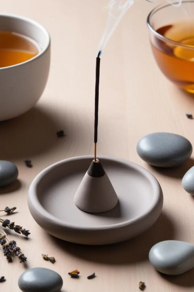 Make your own DIY incense dish using air dry clay, perfect for setting a relaxing mood. Style it with stones and lavender for a peaceful touch.