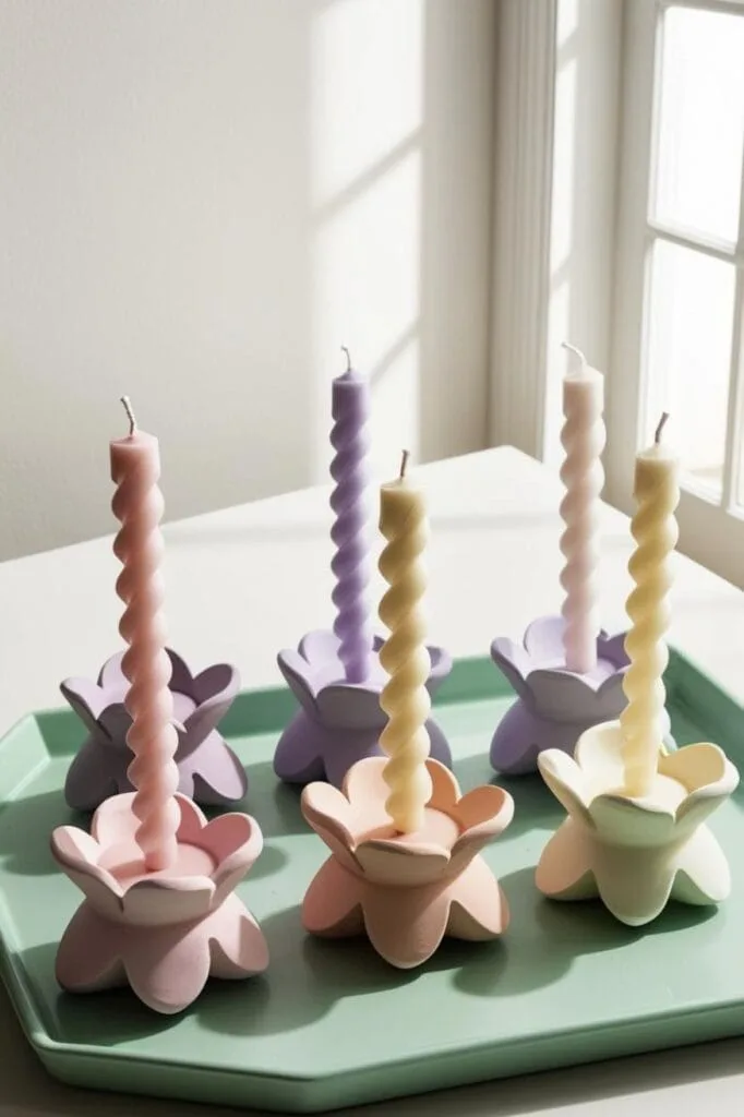 Pastel swirl candles paired with soft-colored clay flower holders create the perfect cheerful centerpiece. A simple and satisfying clay craft for weekends at home.

