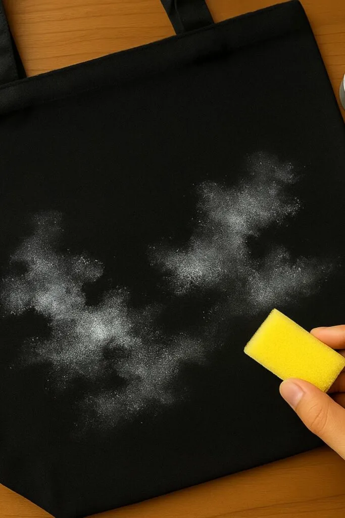 Start your DIY galaxy tote bag by sponging soft white and silver clouds across a black canvas tote. This dreamy base creates the perfect starry sky effect. A simple and magical beginning for your celestial craft project.