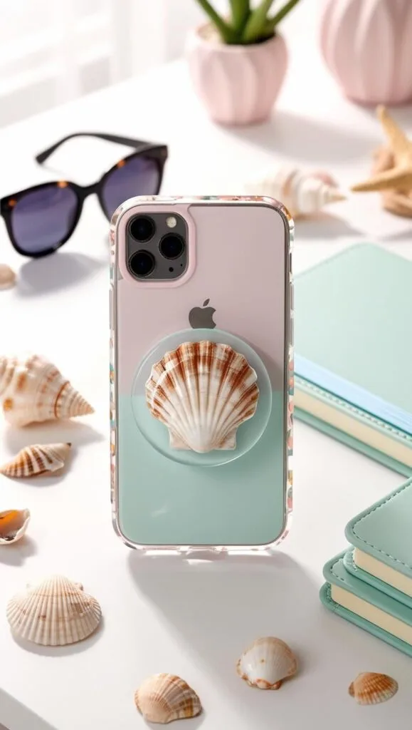 Upgrade your phone case with this DIY resin seashell pop socket! A fun and trendy way to bring the beach with you, this handmade accessory is perfect for the mermaid aesthetic and easy to make with a few seashells and resin.