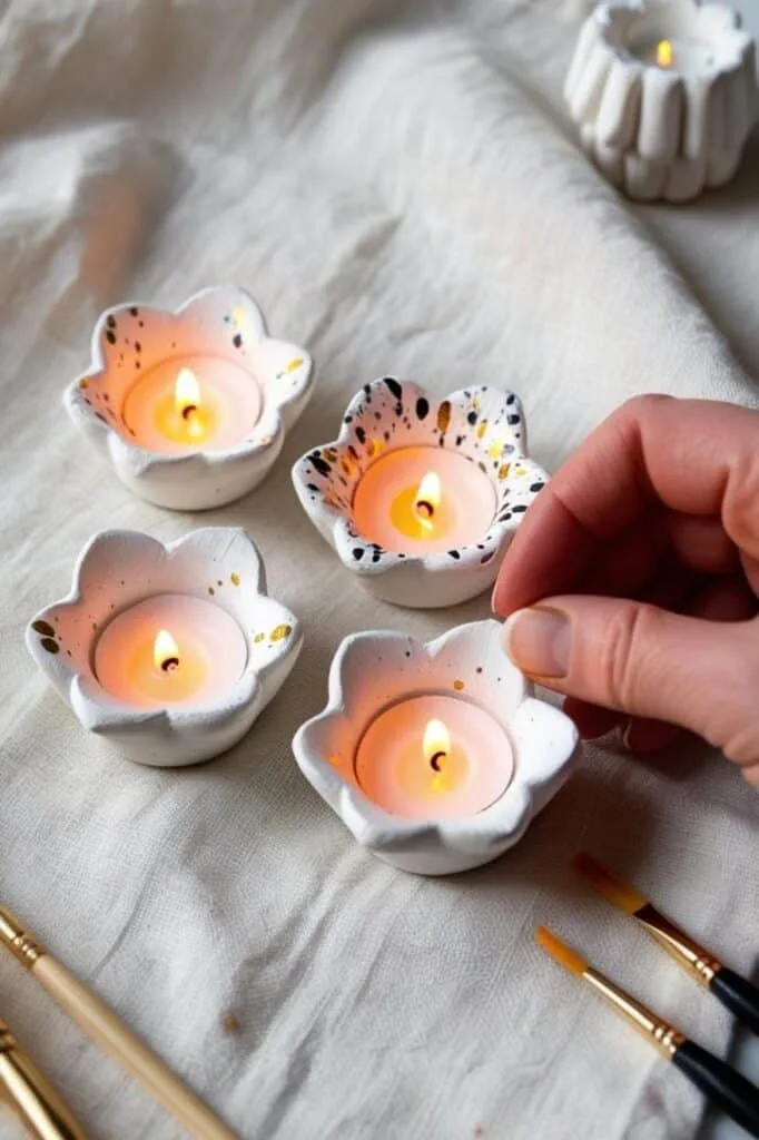 Hand-painted air dry clay candle holders shaped like flowers, featuring black and gold speckles. These tealight holders are a fun, beginner-friendly DIY for cozy home decor or handmade gifts.