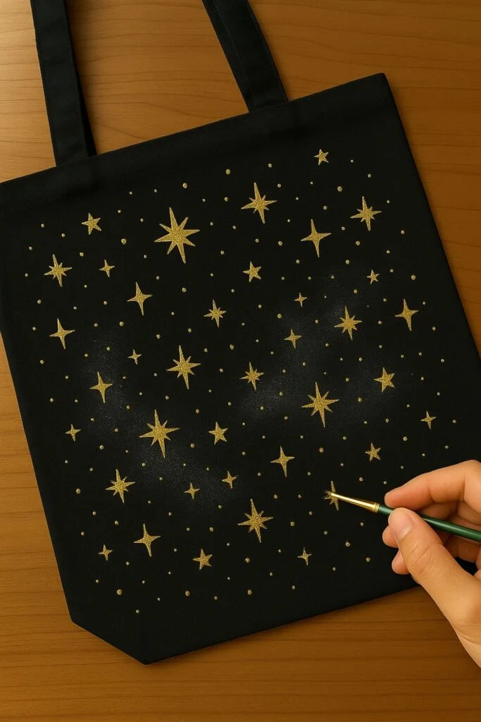 Sprinkle the sky with shimmering gold stars! Using a fine brush, dot various-sized stars across your galaxy background. This easy step brings your galaxy tote bag to life with sparkle and depth.