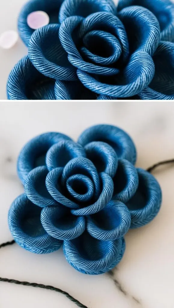 No sewing machine? No problem! You can make these stunning no-sew fabric flowers with nothing but hot glue and denim scraps. Perfect for anyone who loves upcycled jeans projects and simple DIY crafts. Add them to headbands, bags, or turn them into brooches—so many creative possibilities!